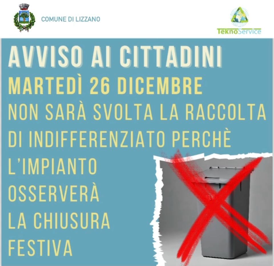 titolo immagine Immagine di Avviso ai cittadini - sospensione raccolta rifiuto indifferenziato per martedi' 26 dicembre 2023