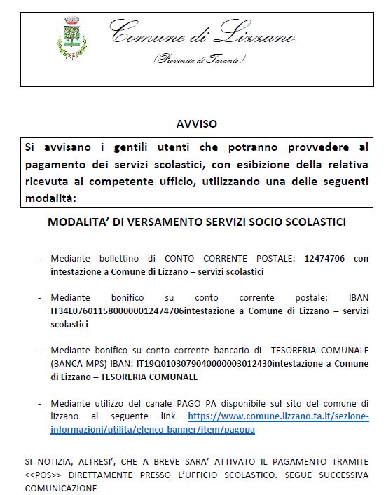 titolo immagine Immagine di Modalità di versamento servizi socio scolastici