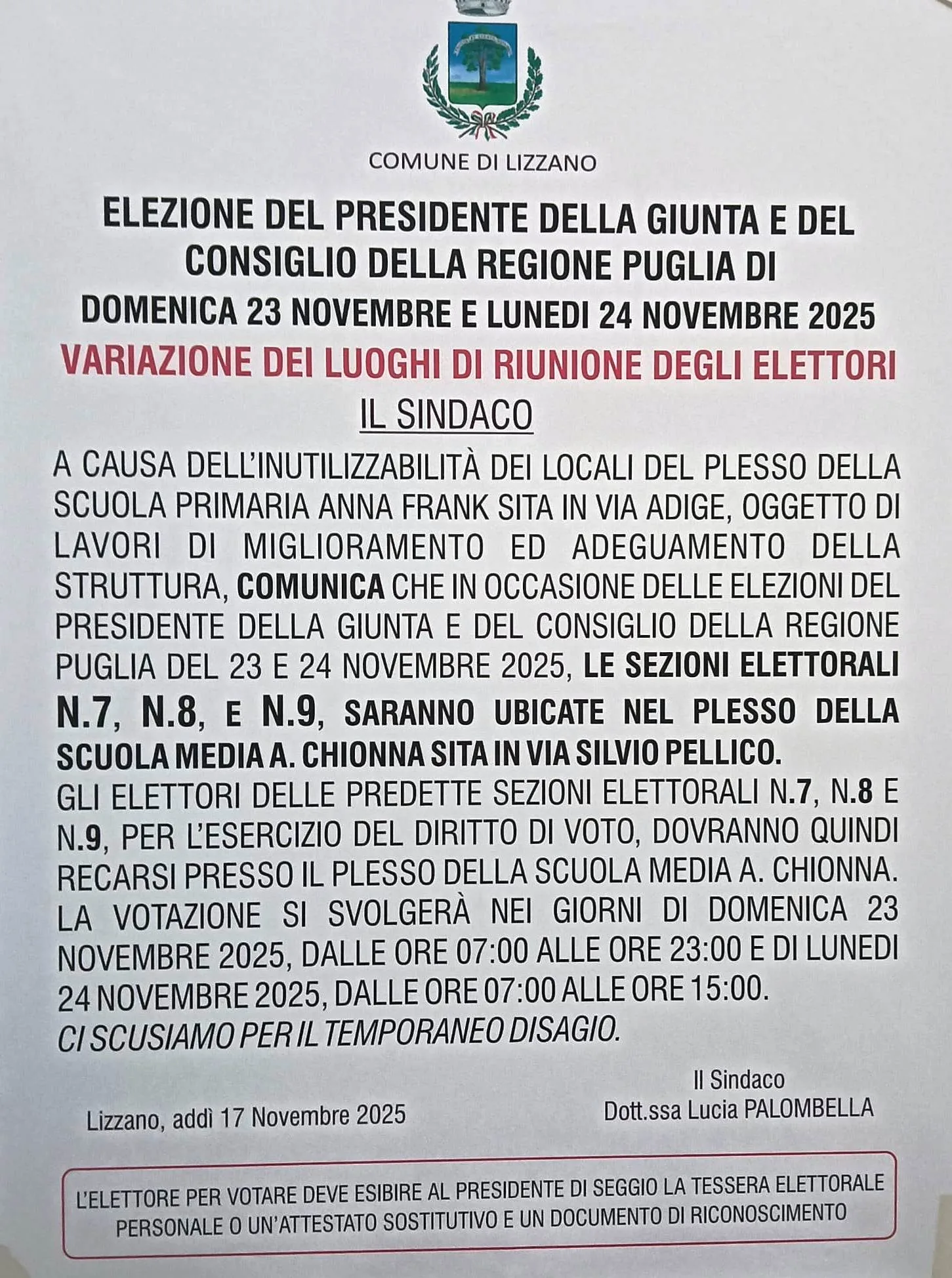 Immagine di VARIAZIONE DEI LUOGHI DI RIUNIONE DEGLI ELETTORI - Dal Plesso A. Frank al Plesso Chionna
